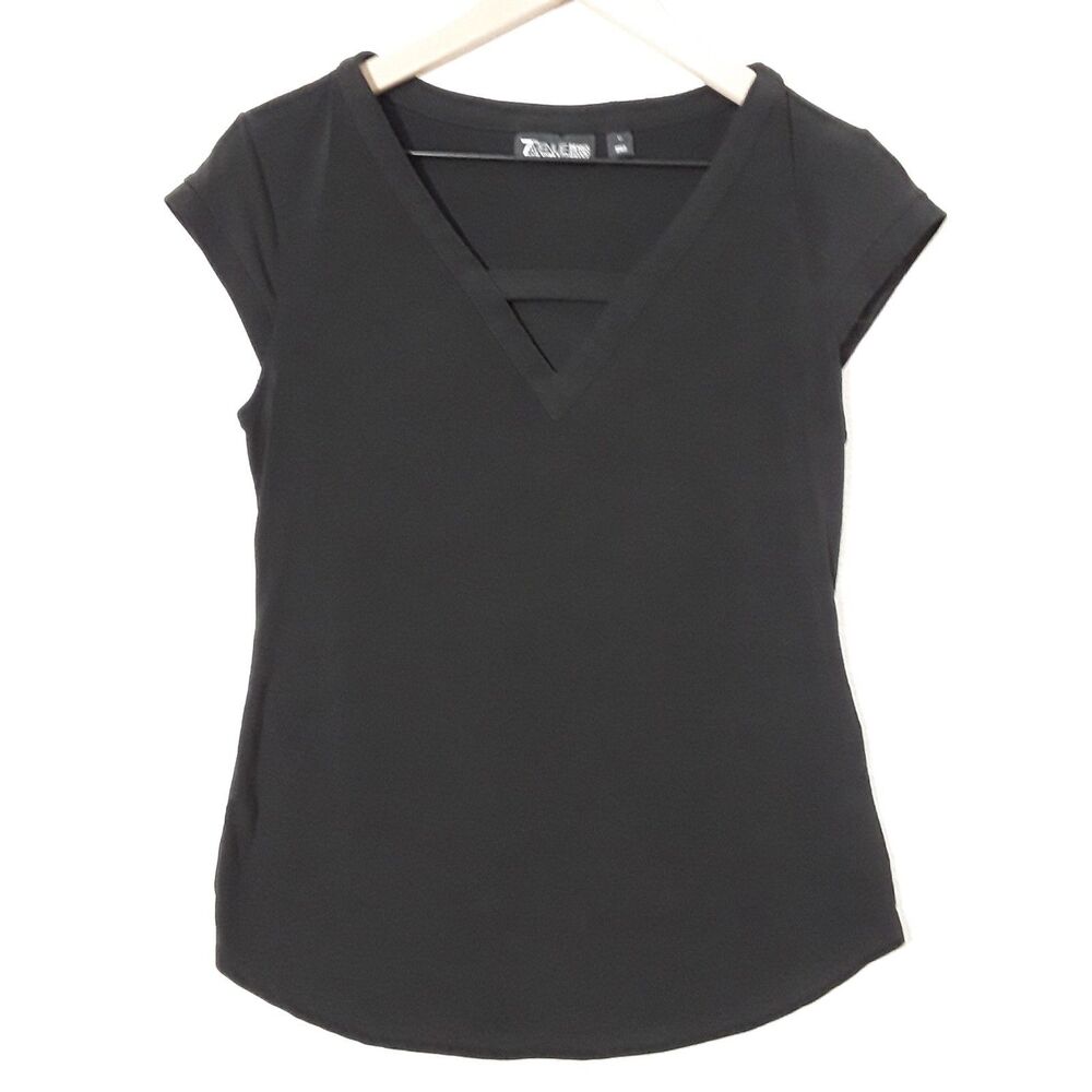 7th Avenue Size X-Small Top Solid Black Keyhole Neckline Cap Sleeves Stretch - Picture 4 of 9